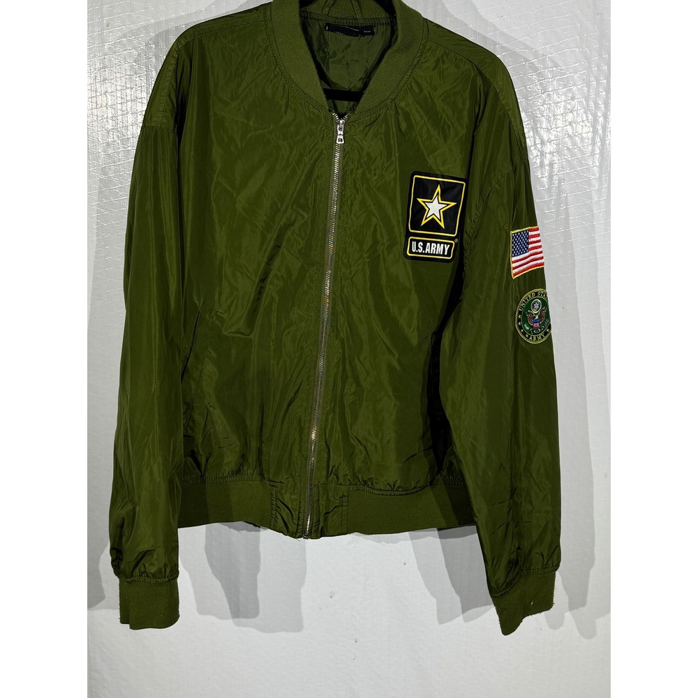 US Army Bomber Jacket Mens 2XL Olive Green Lightweight Flight Jacket Patches